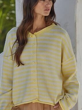 Boutique Butter Yellow Striped Button Front Crewneck Cardigan Sweater Size L